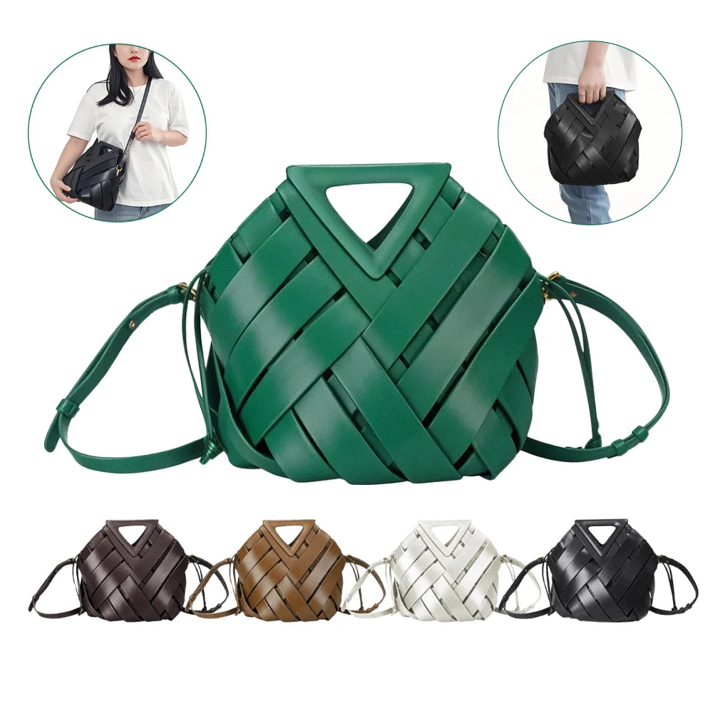 Fashion Hollow Bucket Tote Bag Magnetic Buckle Handbag Leather Handmade Woven Crossbody Shoulder Bag