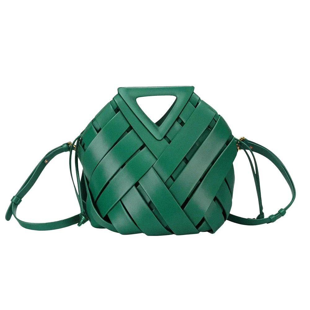 Fashion Hollow Bucket Tote Bag Magnetic Buckle Handbag Leather Handmade Woven Crossbody Shoulder Bag