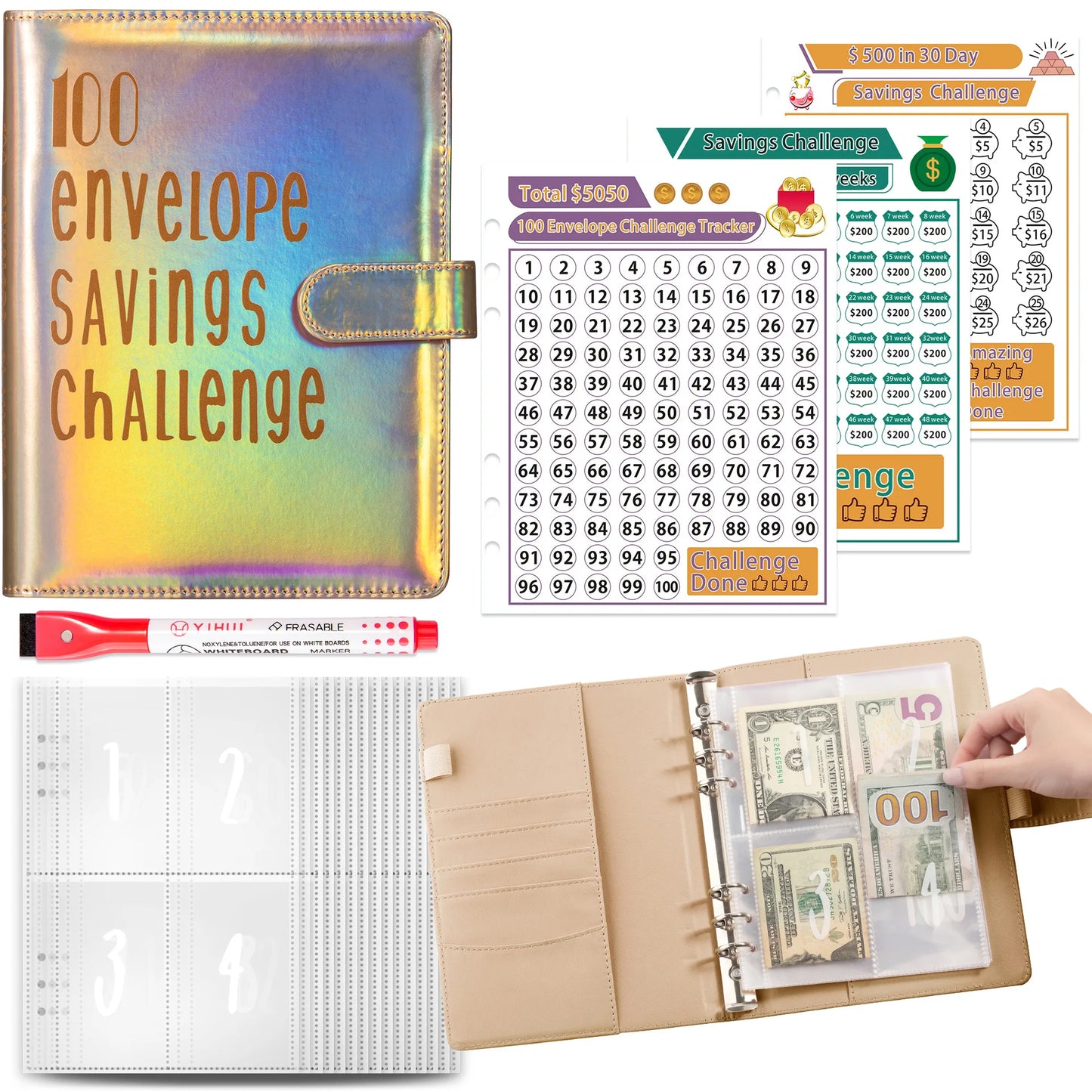 Wholesale A5 100 Envelope Saving Challenge Holographic Organizer Save Money Purse Budget Binder with Cash Envelope Four Pockets