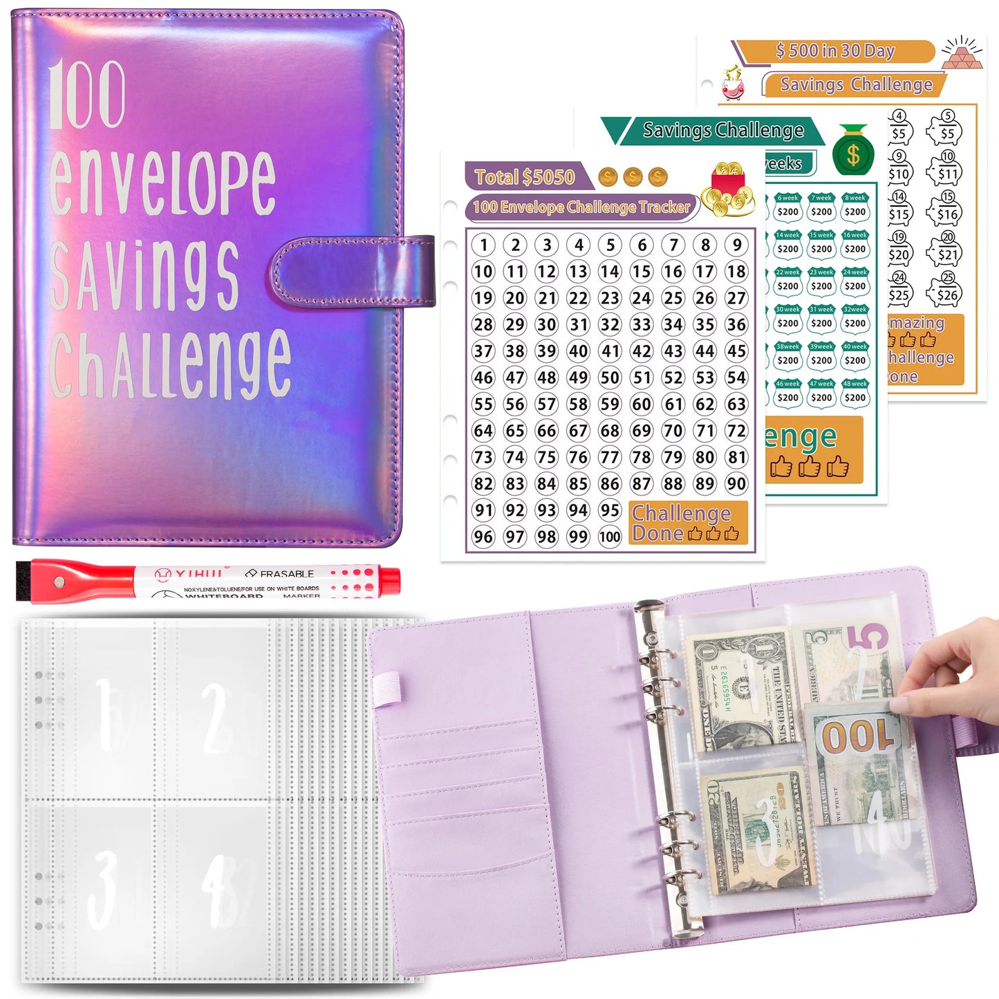 Wholesale A5 100 Envelope Saving Challenge Holographic Organizer Save Money Purse Budget Binder with Cash Envelope Four Pockets