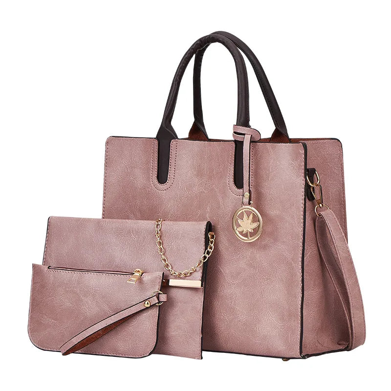 Ladies 3 in 1 Fashion Retro Pu Leather Tote Shoulder Bag Women's Lychee Printed Casual PU Leather 3 Pcs Set Messenger Handbags