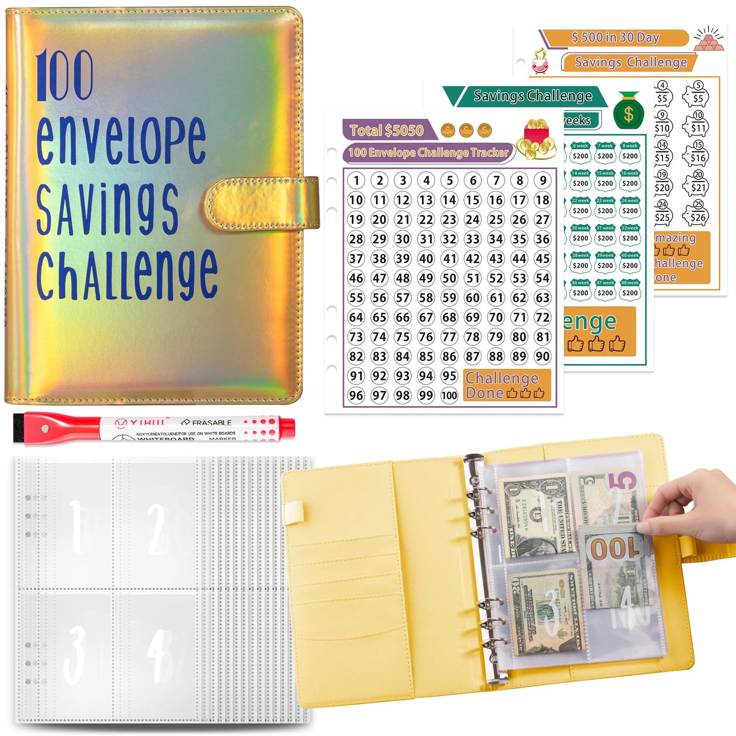 Wholesale A5 100 Envelope Saving Challenge Holographic Organizer Save Money Purse Budget Binder with Cash Envelope Four Pockets