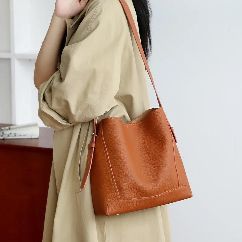 Factory Women Luxury Designer Full Grain Brown Genuine Leather Shoulder Bag Tote Shopping Cowhide Handbag for Ladies