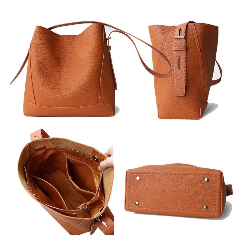 Factory Women Luxury Designer Full Grain Brown Genuine Leather Shoulder Bag Tote Shopping Cowhide Handbag for Ladies