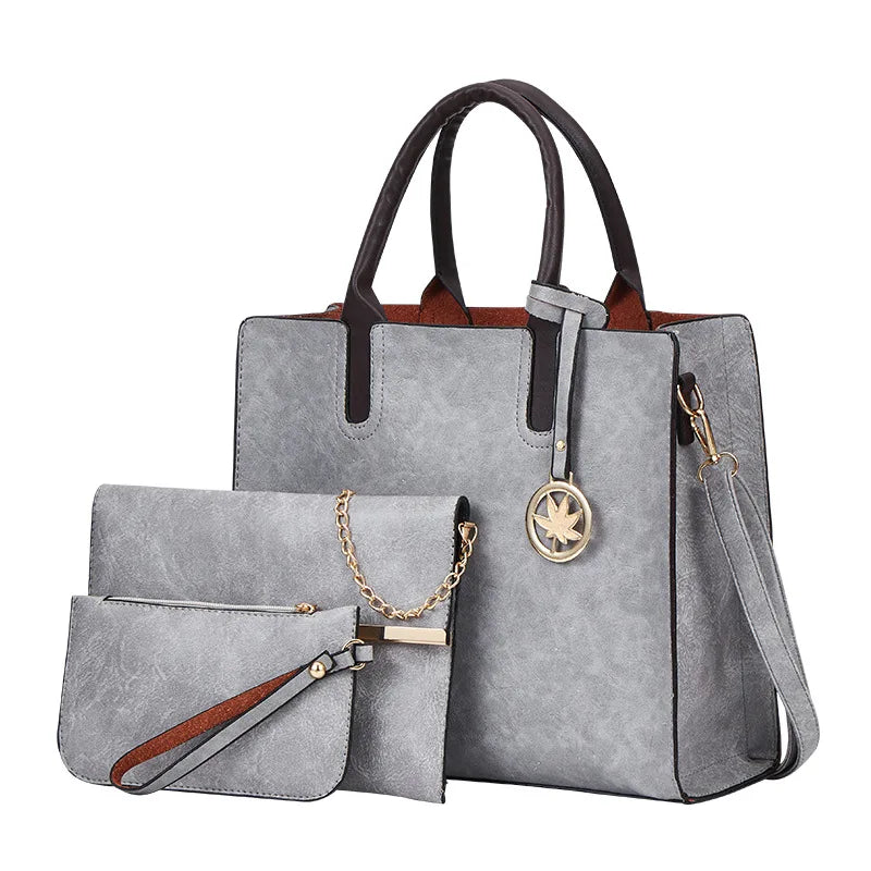 Ladies 3 in 1 Fashion Retro Pu Leather Tote Shoulder Bag Women's Lychee Printed Casual PU Leather 3 Pcs Set Messenger Handbags