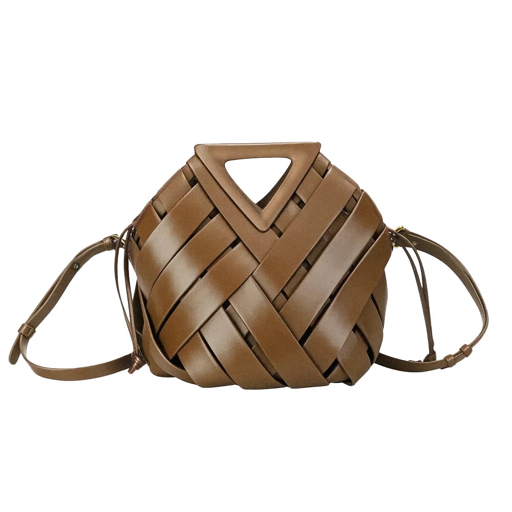 Fashion Hollow Bucket Tote Bag Magnetic Buckle Handbag Leather Handmade Woven Crossbody Shoulder Bag