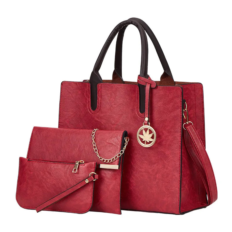 Ladies 3 in 1 Fashion Retro Pu Leather Tote Shoulder Bag Women's Lychee Printed Casual PU Leather 3 Pcs Set Messenger Handbags