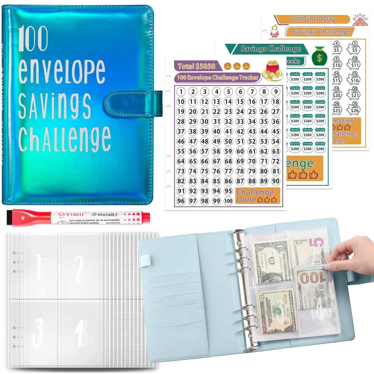 Wholesale A5 100 Envelope Saving Challenge Holographic Organizer Save Money Purse Budget Binder with Cash Envelope Four Pockets
