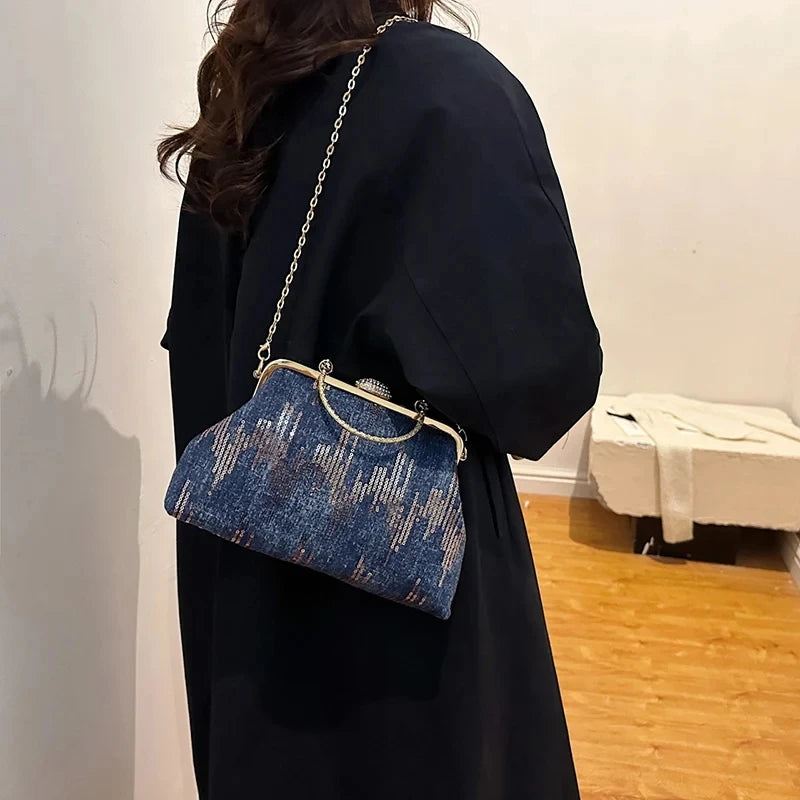 Women Denim Sequin Metal Handbags and Purse Crystal Chain Shoulder Bags Lady Party Clip Shell Designer Luxury Evening Clutch