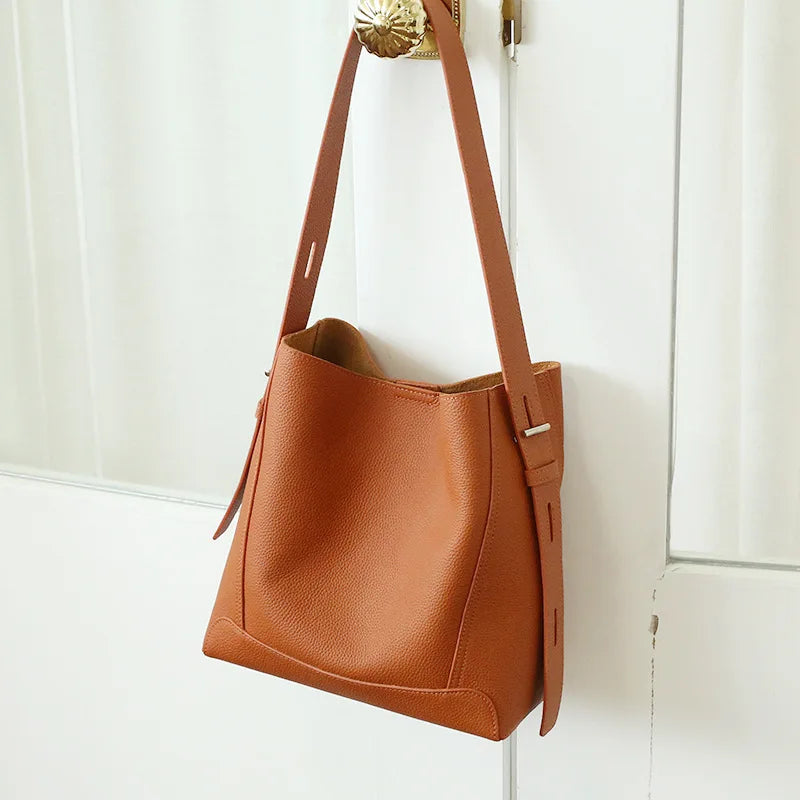 Factory Women Luxury Designer Full Grain Brown Genuine Leather Shoulder Bag Tote Shopping Cowhide Handbag for Ladies