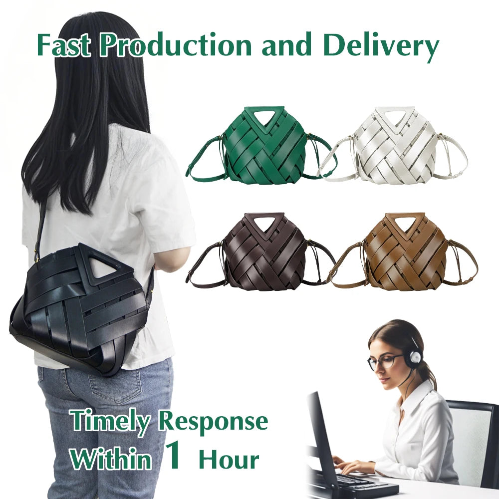 Fashion Hollow Bucket Tote Bag Magnetic Buckle Handbag Leather Handmade Woven Crossbody Shoulder Bag