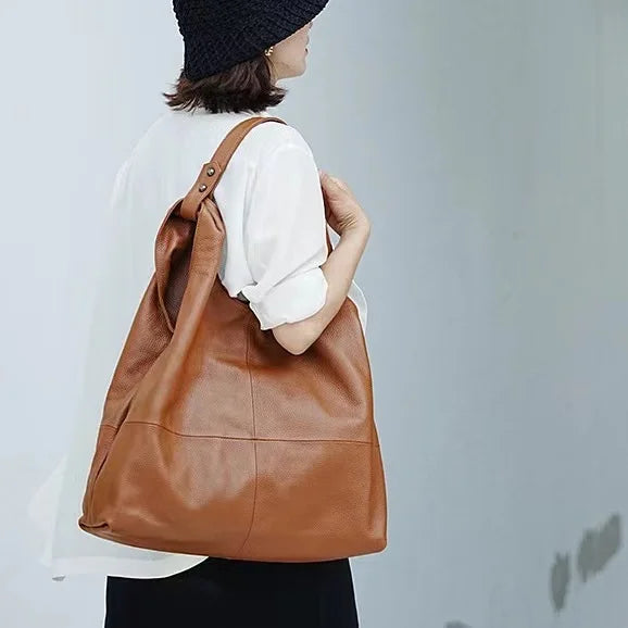 2024 Simple Single Shoulder Bag Large Capacity Light Luxury Head Layer Cowhide Women's Handbag Durable Ladies Shopping Tote