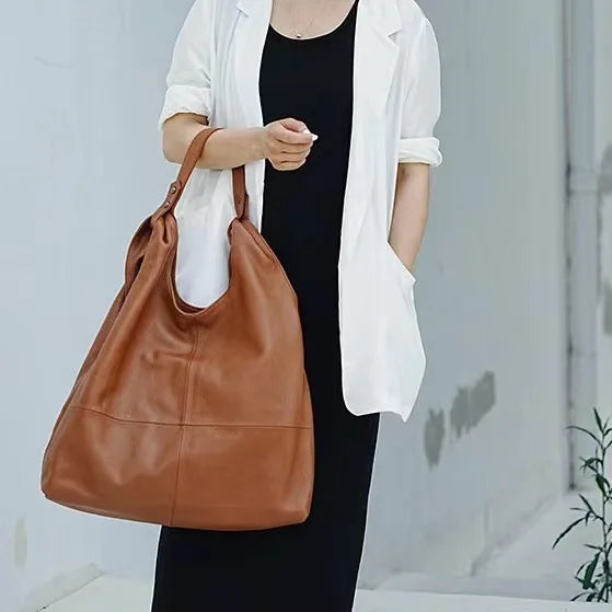 2024 Simple Single Shoulder Bag Large Capacity Light Luxury Head Layer Cowhide Women's Handbag Durable Ladies Shopping Tote