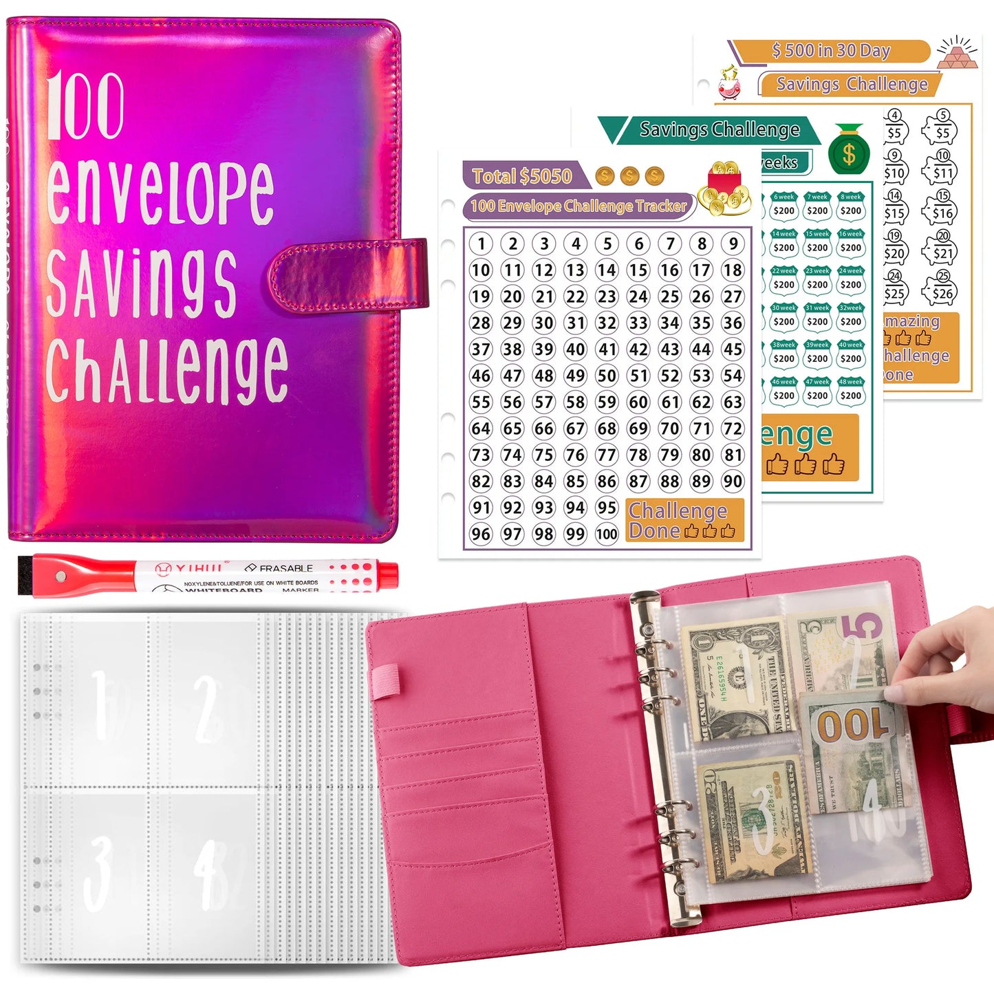 Wholesale A5 100 Envelope Saving Challenge Holographic Organizer Save Money Purse Budget Binder with Cash Envelope Four Pockets