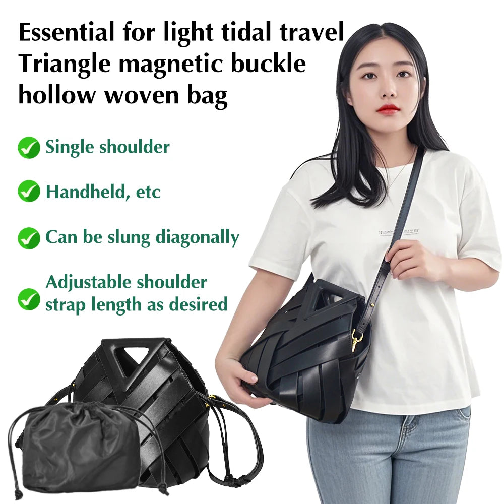 Fashion Hollow Bucket Tote Bag Magnetic Buckle Handbag Leather Handmade Woven Crossbody Shoulder Bag