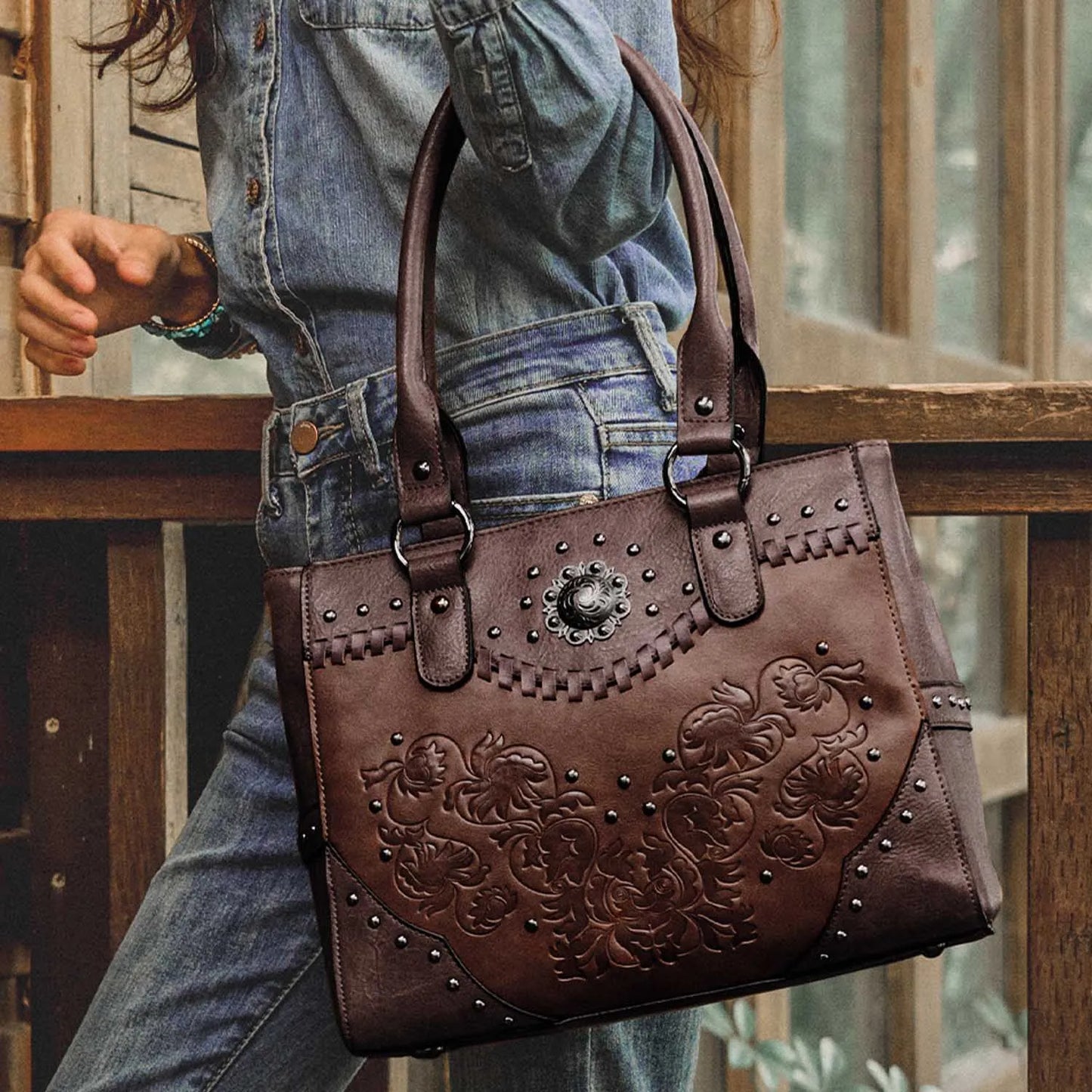 Celela Shoulder Bags for Women Tote Bag Large Ladies Quality Leather Vintage Western Purse Embossed Concho Studs Handbags