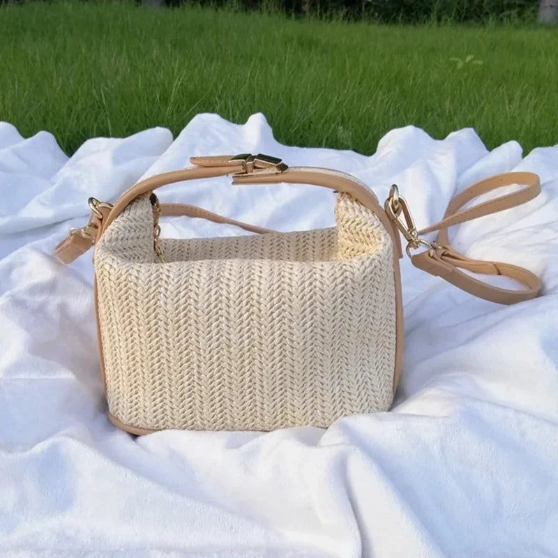 Yogodlns Summer Small Straw Handbag Trendy Shoulder Bag Woven Bucket Crossbody Bag Casual Seaside Beach Bag Gilrs Handle Tote