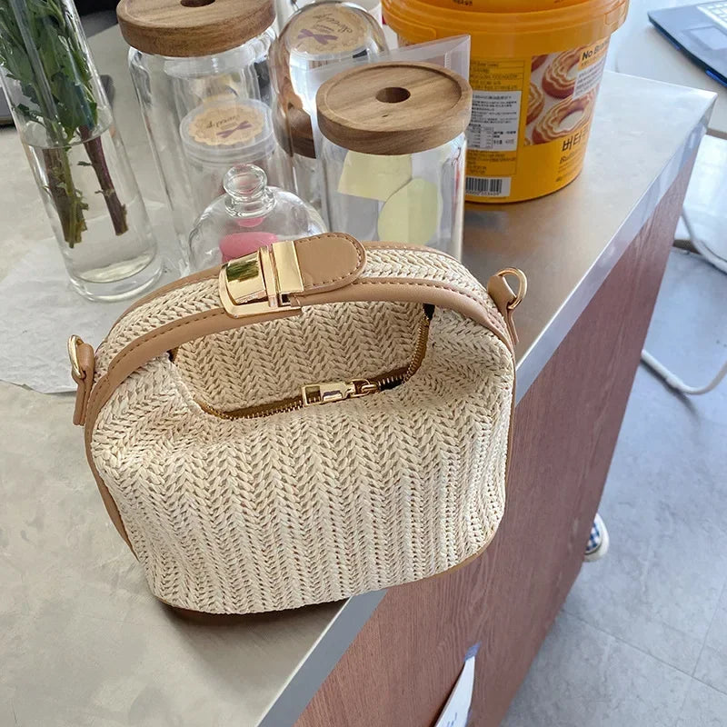 Yogodlns Summer Small Straw Handbag Trendy Shoulder Bag Woven Bucket Crossbody Bag Casual Seaside Beach Bag Gilrs Handle Tote