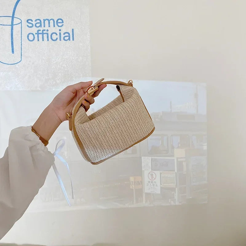 Yogodlns Summer Small Straw Handbag Trendy Shoulder Bag Woven Bucket Crossbody Bag Casual Seaside Beach Bag Gilrs Handle Tote