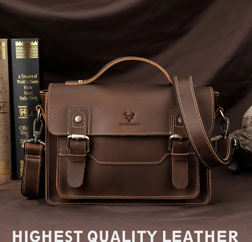 HUMERPAUL Crazy Horse Leather Men Messenger Bag Vintage Large Capacity Crossbody Bag Handbags Multifunctional Business Briefcase