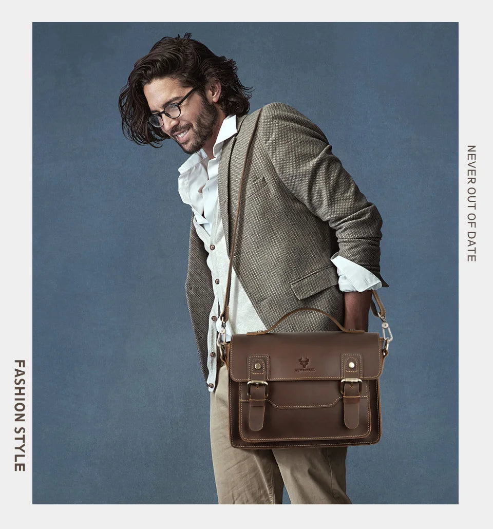 HUMERPAUL Crazy Horse Leather Men Messenger Bag Vintage Large Capacity Crossbody Bag Handbags Multifunctional Business Briefcase