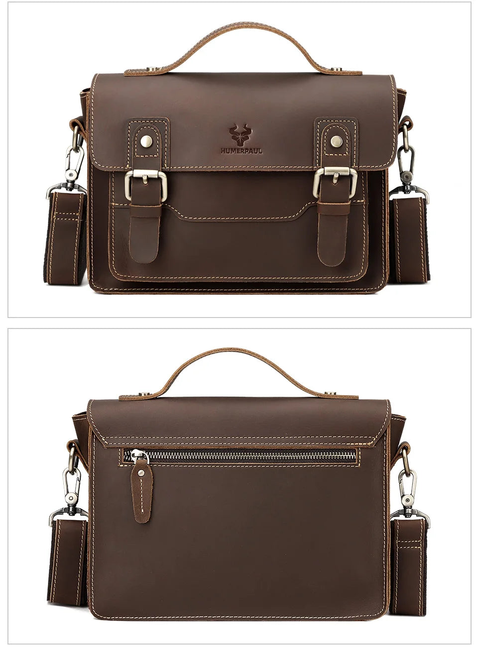 HUMERPAUL Crazy Horse Leather Men Messenger Bag Vintage Large Capacity Crossbody Bag Handbags Multifunctional Business Briefcase