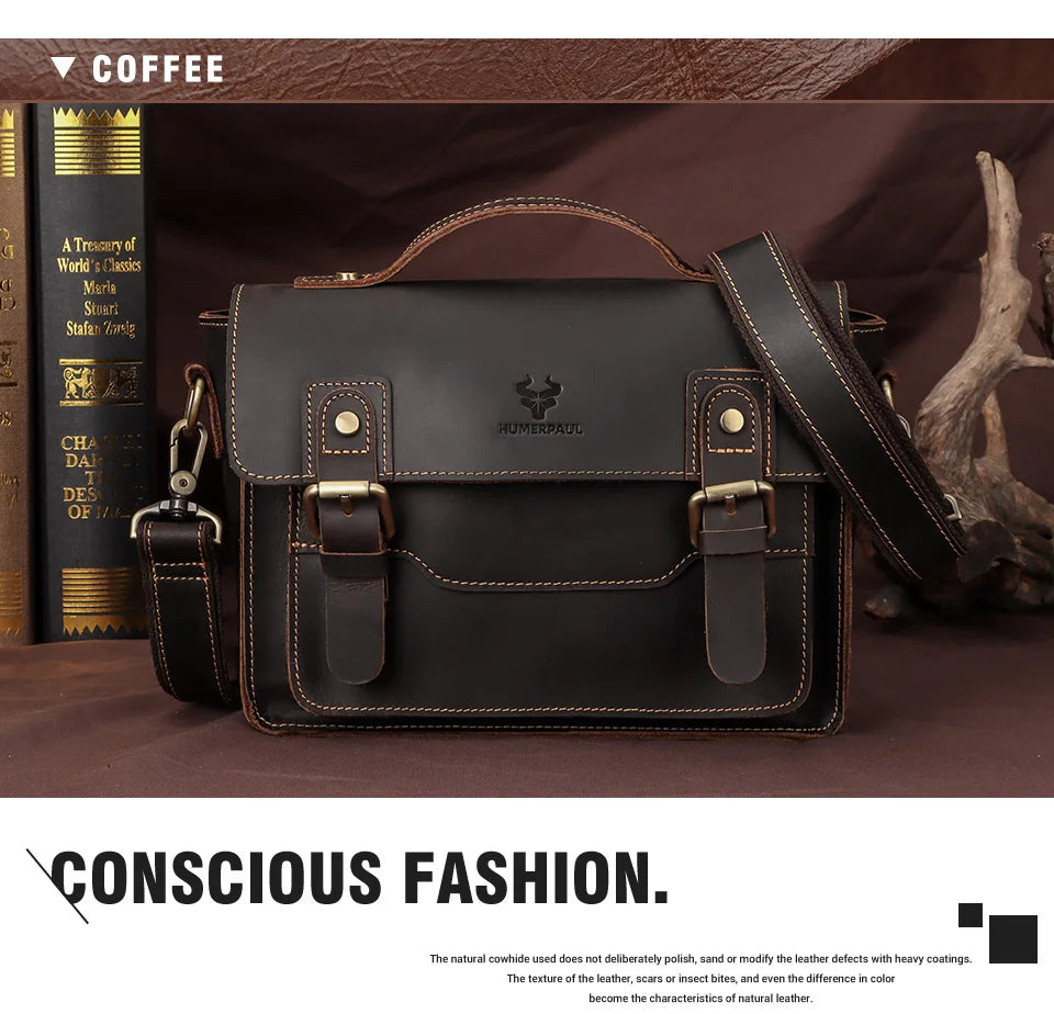 HUMERPAUL Crazy Horse Leather Men Messenger Bag Vintage Large Capacity Crossbody Bag Handbags Multifunctional Business Briefcase
