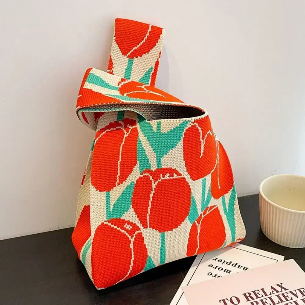 Cat Knit Handbag Fashion Knit Handmade Shopping Bags High-capacity Knot Wrist Bag Girls