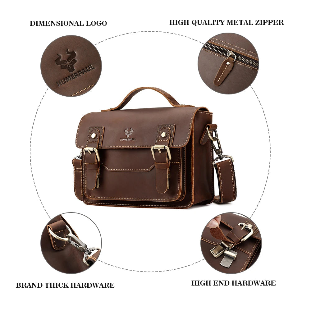 HUMERPAUL Crazy Horse Leather Men Messenger Bag Vintage Large Capacity Crossbody Bag Handbags Multifunctional Business Briefcase