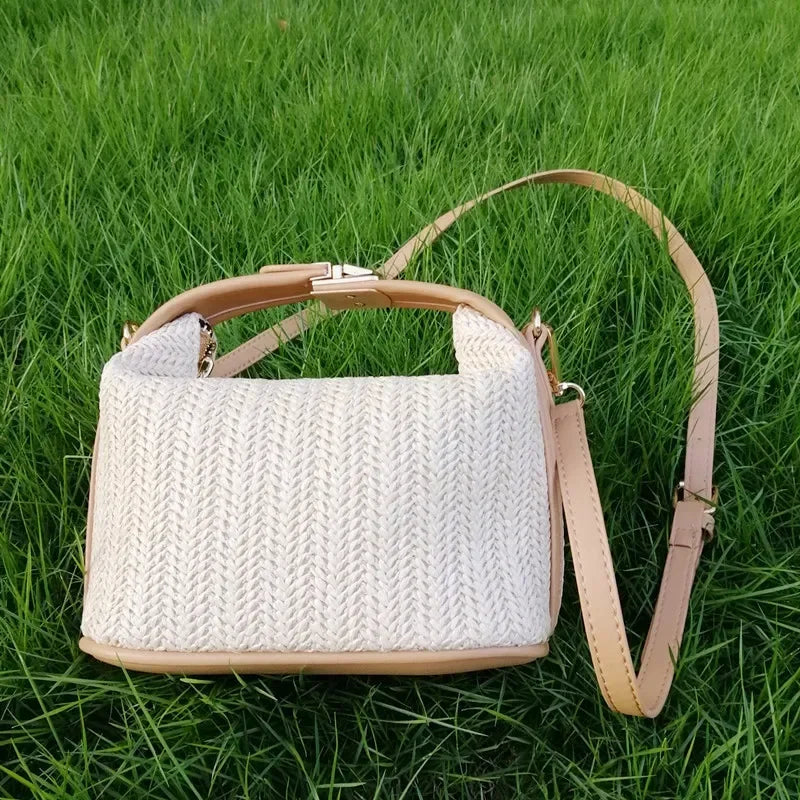 Yogodlns Summer Small Straw Handbag Trendy Shoulder Bag Woven Bucket Crossbody Bag Casual Seaside Beach Bag Gilrs Handle Tote
