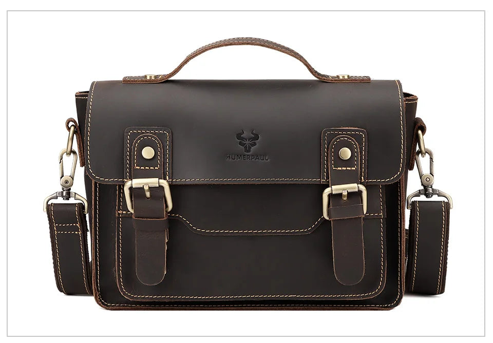 HUMERPAUL Crazy Horse Leather Men Messenger Bag Vintage Large Capacity Crossbody Bag Handbags Multifunctional Business Briefcase
