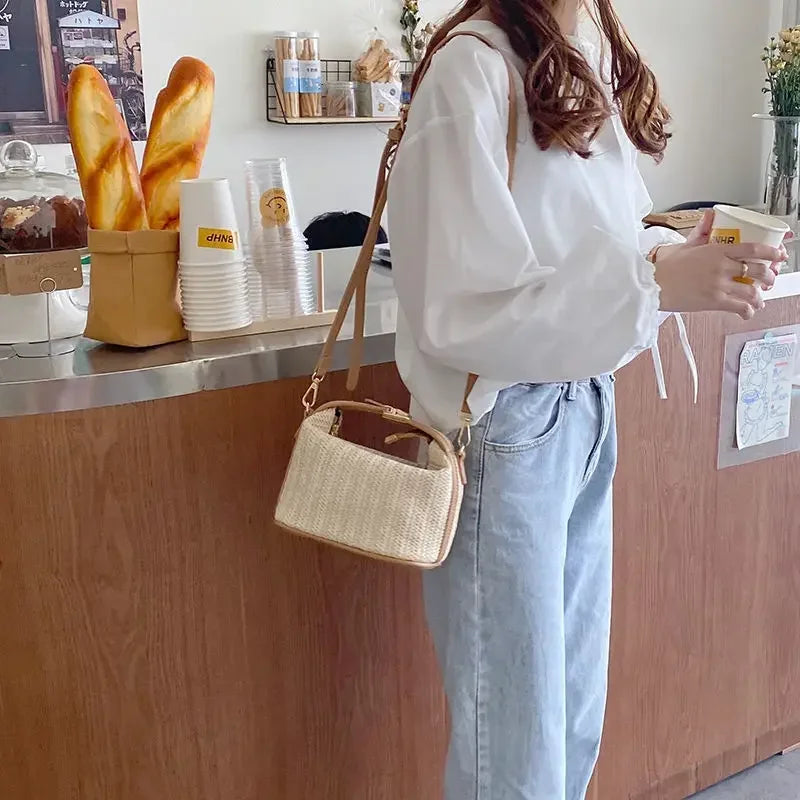 Yogodlns Summer Small Straw Handbag Trendy Shoulder Bag Woven Bucket Crossbody Bag Casual Seaside Beach Bag Gilrs Handle Tote