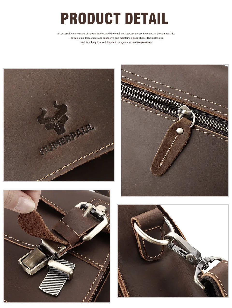 HUMERPAUL Crazy Horse Leather Men Messenger Bag Vintage Large Capacity Crossbody Bag Handbags Multifunctional Business Briefcase