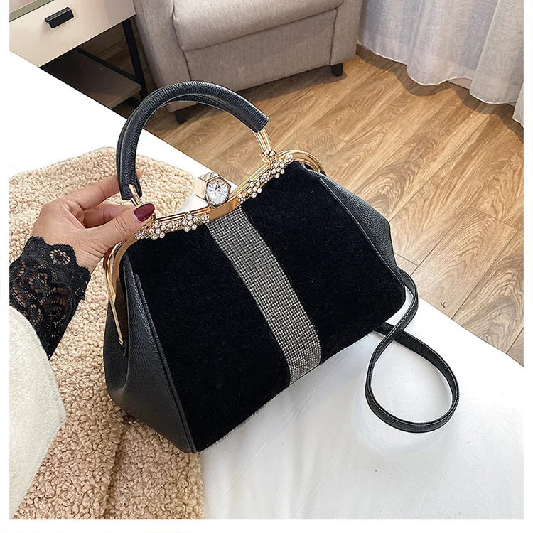 Lady handbags 2025 new set auger fashionable joker imitation horsehair atmosphere one shoulder clip with the bag in bag