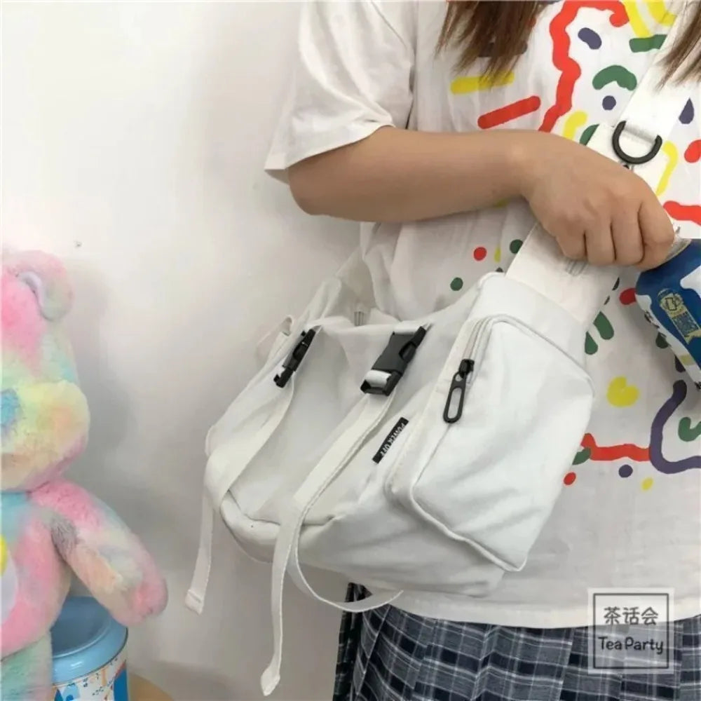 Japanese Harajuku Women Messenger Bag Solid Color Canvas Crossbody Bags Student Large Capacity Handbags Shoulder Bag