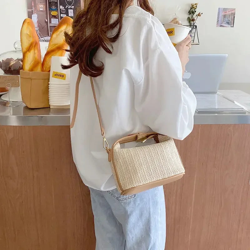 Yogodlns Summer Small Straw Handbag Trendy Shoulder Bag Woven Bucket Crossbody Bag Casual Seaside Beach Bag Gilrs Handle Tote