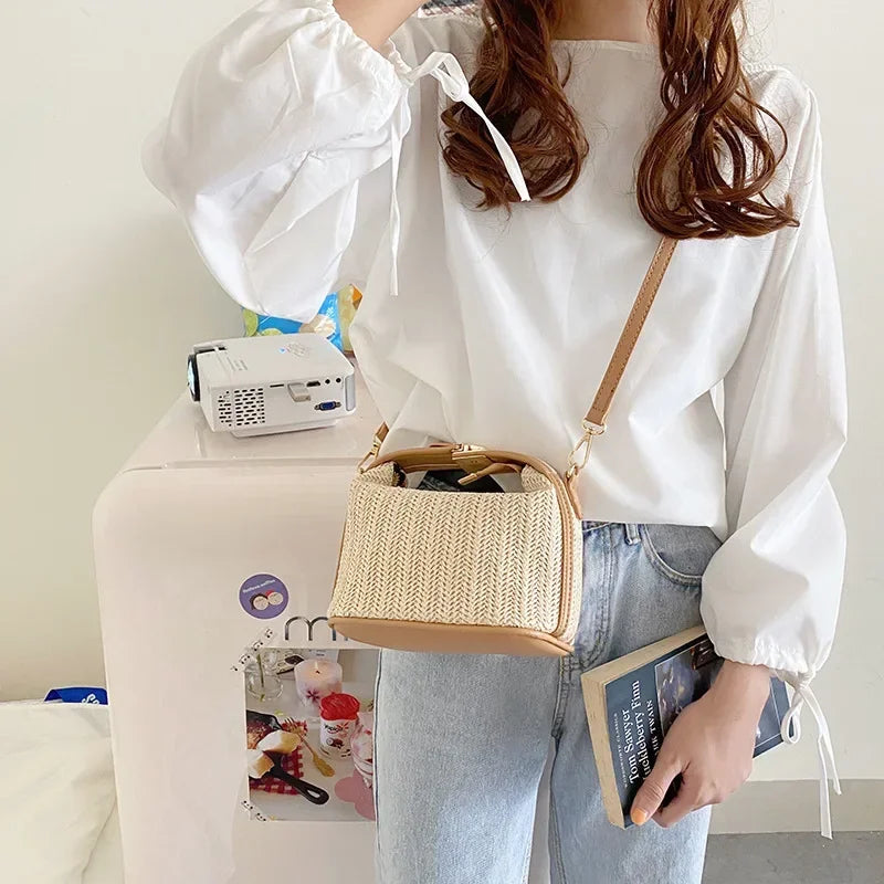 Yogodlns Summer Small Straw Handbag Trendy Shoulder Bag Woven Bucket Crossbody Bag Casual Seaside Beach Bag Gilrs Handle Tote