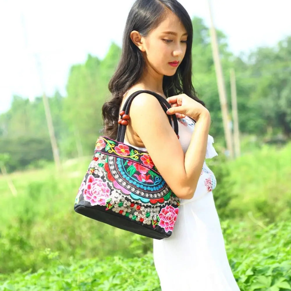 Fashion Embroidered Women's Canvas Handbags Ethnic Floral Embroidered Women's Handbags Bucket Bag