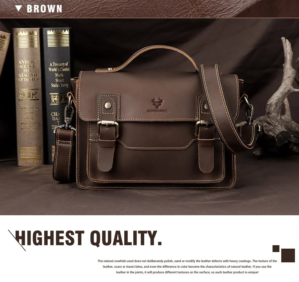 HUMERPAUL Crazy Horse Leather Men Messenger Bag Vintage Large Capacity Crossbody Bag Handbags Multifunctional Business Briefcase