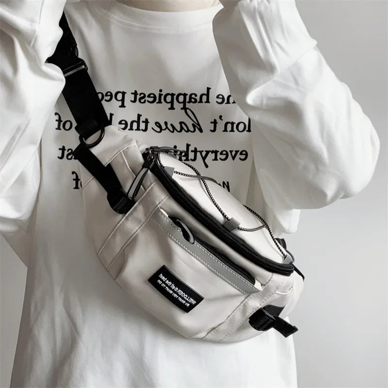 Korean Y2K Chest Bag Women and Men Purses and Handbags Reflective Stripe Waist Bag Student Crossbody Bags Sling Shoulder Bag
