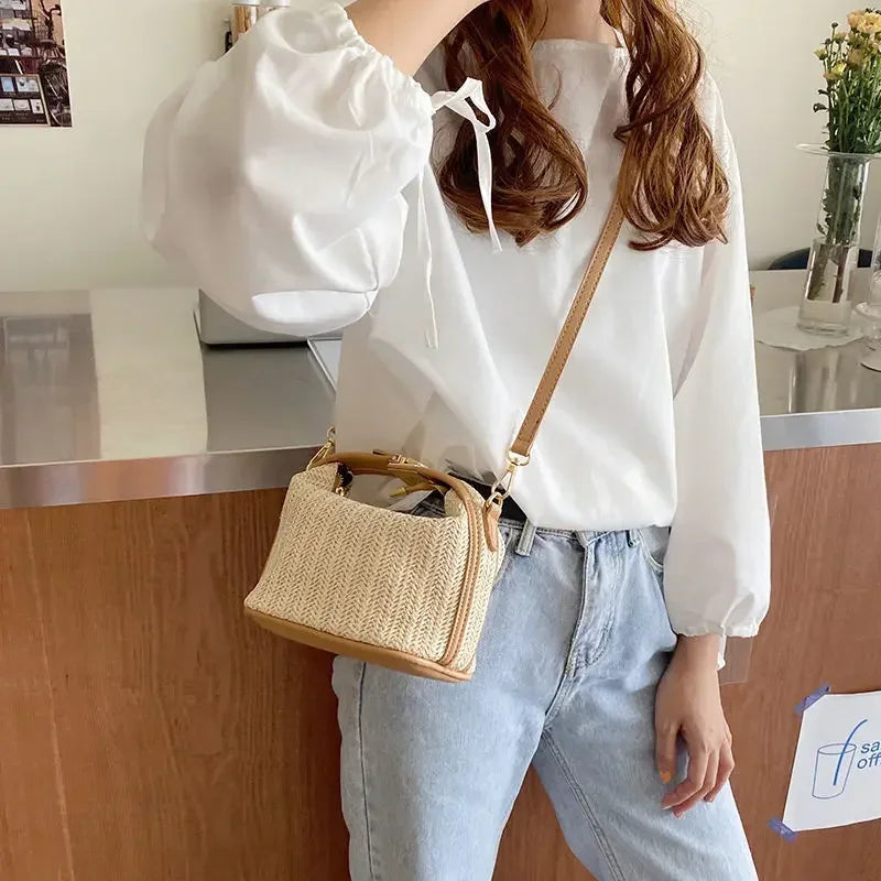 Yogodlns Summer Small Straw Handbag Trendy Shoulder Bag Woven Bucket Crossbody Bag Casual Seaside Beach Bag Gilrs Handle Tote