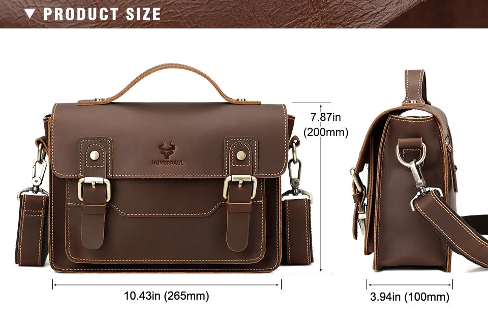 HUMERPAUL Crazy Horse Leather Men Messenger Bag Vintage Large Capacity Crossbody Bag Handbags Multifunctional Business Briefcase