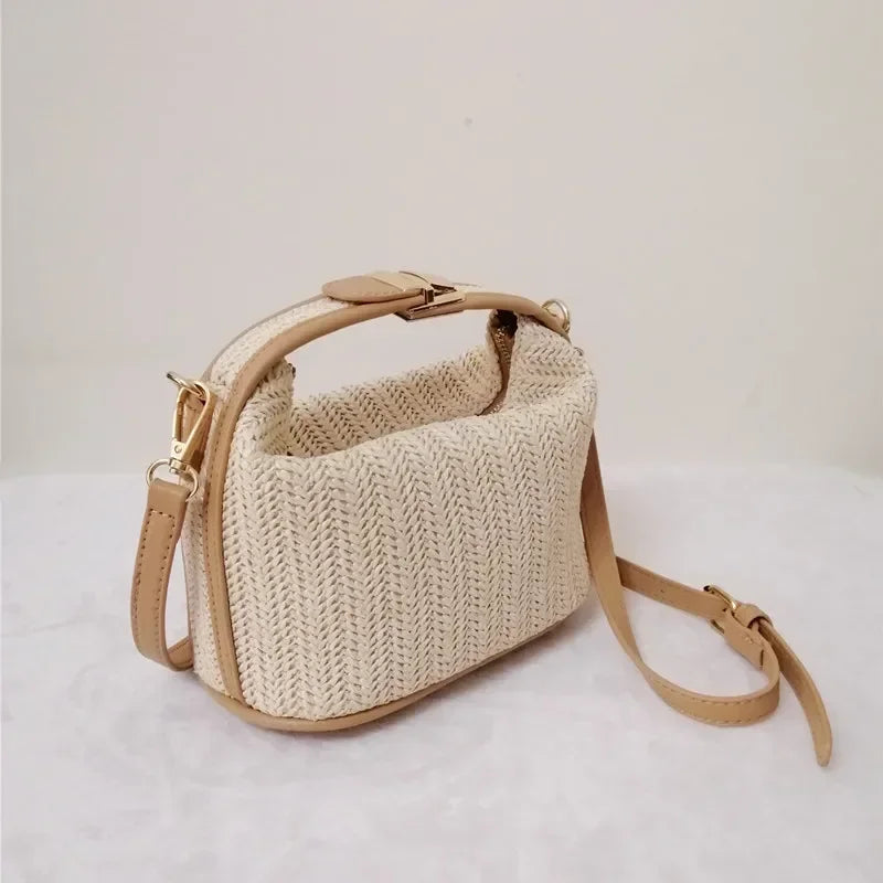 Yogodlns Summer Small Straw Handbag Trendy Shoulder Bag Woven Bucket Crossbody Bag Casual Seaside Beach Bag Gilrs Handle Tote