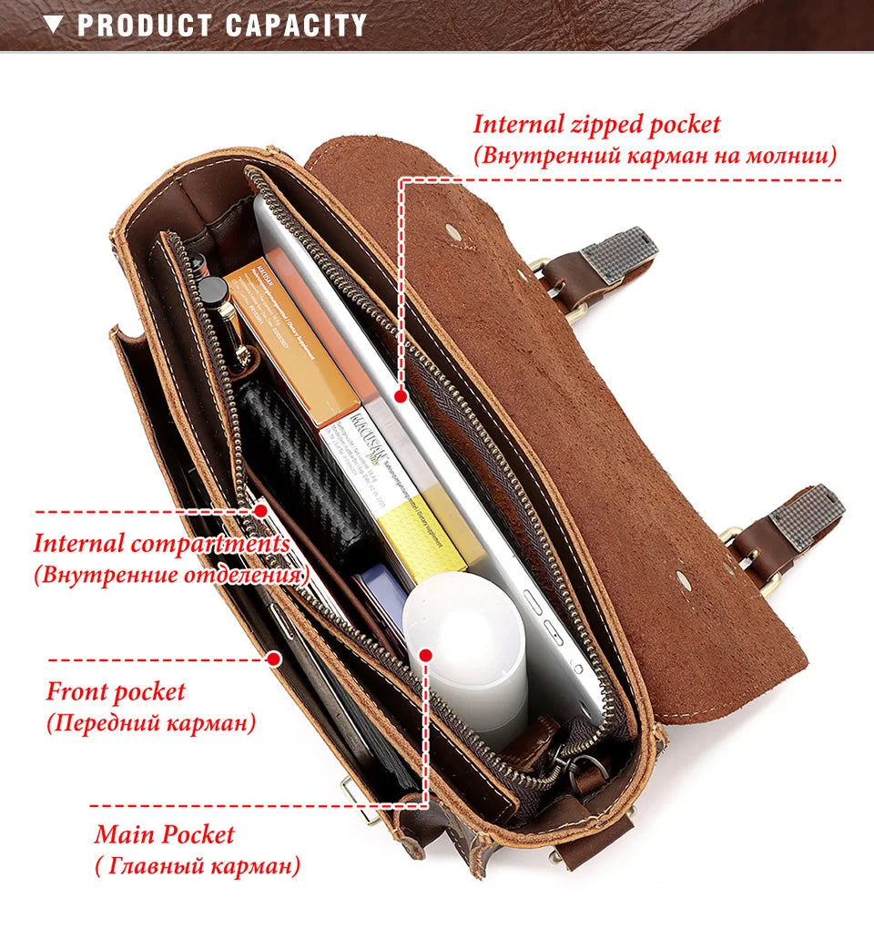 HUMERPAUL Crazy Horse Leather Men Messenger Bag Vintage Large Capacity Crossbody Bag Handbags Multifunctional Business Briefcase