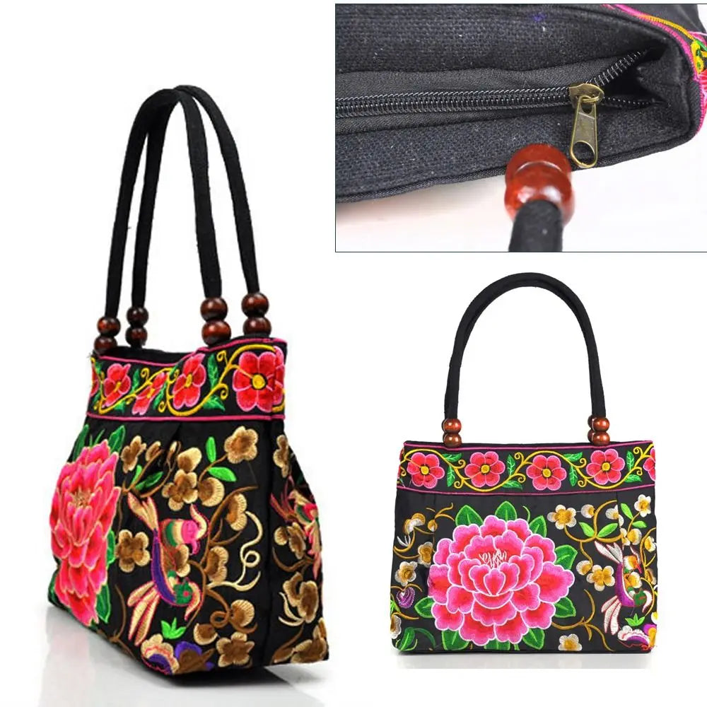 Fashion Embroidered Women's Canvas Handbags Ethnic Floral Embroidered Women's Handbags Bucket Bag