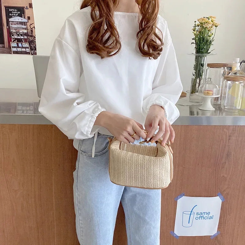 Yogodlns Summer Small Straw Handbag Trendy Shoulder Bag Woven Bucket Crossbody Bag Casual Seaside Beach Bag Gilrs Handle Tote