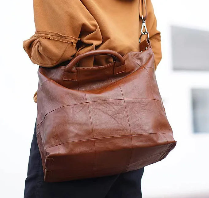 2024 Retro Style Niche Design Genuine Leather Women's Bags Large-Capacity Handbag Traveling Pack Diamond Pattern Computer Packs