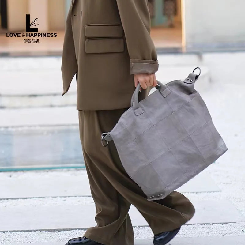 2024 Retro Style Niche Design Genuine Leather Women's Bags Large-Capacity Handbag Traveling Pack Diamond Pattern Computer Packs