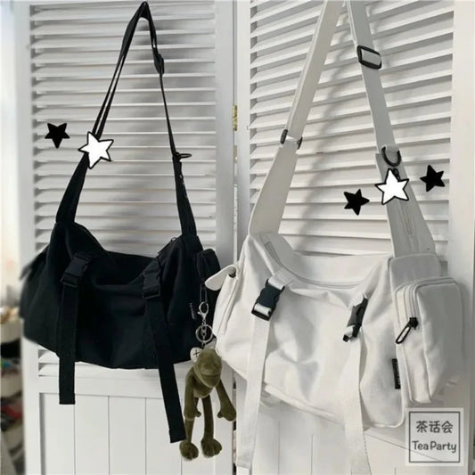 Japanese Harajuku Women Messenger Bag Solid Color Canvas Crossbody Bags Student Large Capacity Handbags Shoulder Bag